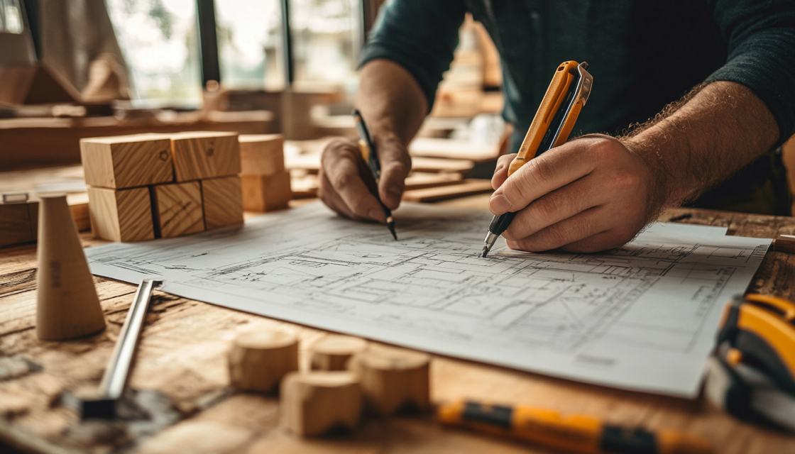 Construction professional working with architectural plans